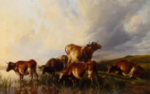 Cattle Wattering by Thomas Sidney Cooper - Oil Painting Reproduction