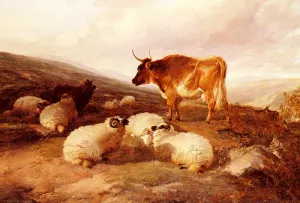 Rams and a Bull in a Highland Landscape by Thomas Sidney Cooper Oil Painting