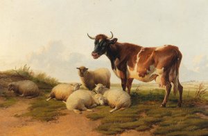 Sheep And Cows In The Meadow by Thomas Sidney Cooper Oil Painting