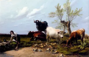 The Rustic Foot Bath by Thomas Sidney Cooper - Oil Painting Reproduction
