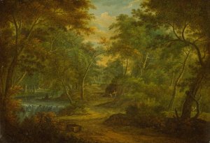 A Wooded Landscape with a Stream and a Fisherman by Thomas Smith Of Derby Oil Painting