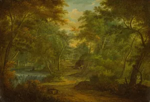 A Wooded Landscape with a Stream and a Fisherman by Thomas Smith Of Derby Oil Painting