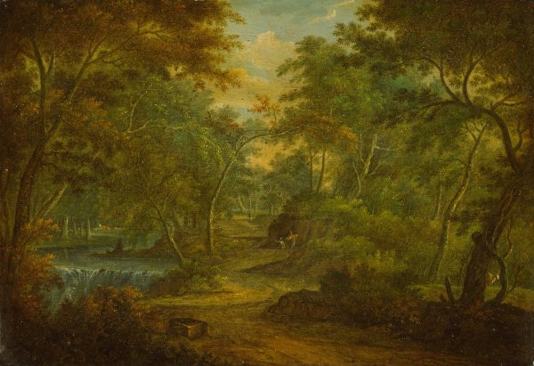 Main Product Photo of A Wooded Landscape with a Stream and a Fisherman Painting by Thomas Smith Of Derby