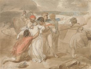 A Woman Rescued from the Sea and Assisted Ashore, Rowing Boat and Rescuers in Background by Thomas Stothard Oil Painting