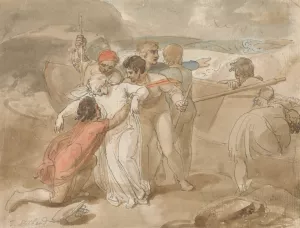 A Woman Rescued from the Sea and Assisted Ashore, Rowing Boat and Rescuers in Background by Thomas Stothard Oil Painting