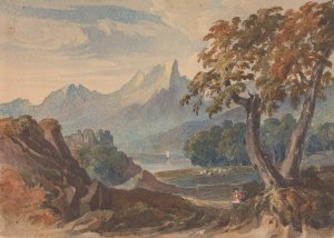 Landscape with Mountains, Lake Castle, Seated Figure in Foreground by Thomas Sully Oil Painting