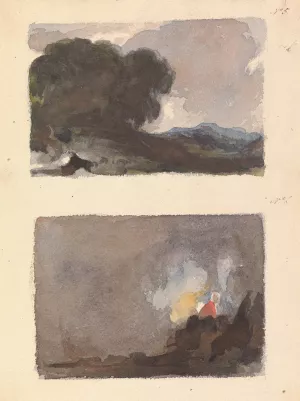 Landscape With Tree in Foreground and Mountains in Distance; Figure in interior Scene by Thomas Sully Oil Painting
