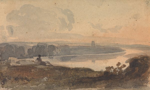 Landscape, with Winding River, Figure on Hill in Foreground by Thomas Sully - Hand-Painted Oil Painting Reproduction
