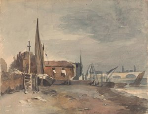 Shore Scene with Buildings and Boats by Thomas Sully Oil Painting