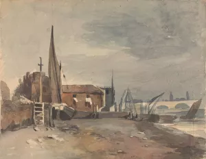 Shore Scene with Buildings and Boats by Thomas Sully Oil Painting