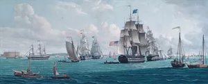 The U. S. Ship Franklin, with a View of the Bay of New York by Thomas Thompson - Oil Painting Reproduction