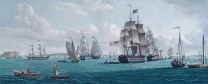 The U. S. Ship Franklin, with a View of the Bay of New York Oil painting by Thomas Thompson