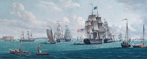 Main Product Photo of The U. S. Ship Franklin, with a View of the Bay of New York Painting by Thomas Thompson