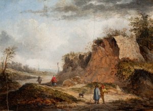 Rocky Landscape with Travelers on a Path and Two Figures Conversing in the Foreground by Thomas Van Apshoven Oil Painting