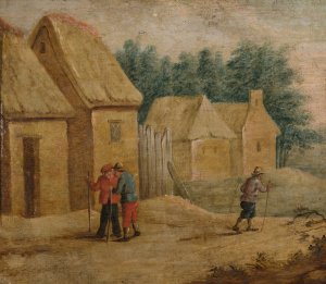 Village buildings with peasants by Thomas Van Apshoven Oil Painting
