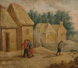 Village buildings with peasants by Thomas Van Apshoven Oil Painting