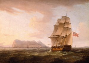 A British Man of War before the Rock of Gibraltar by Thomas Whitcombe Oil Painting