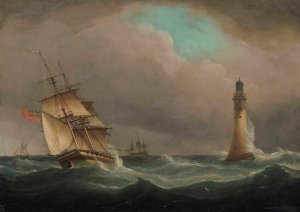 A Frigate Healing In The Breeze Off The Eddystone Lighthouse by Thomas Whitcombe Oil Painting