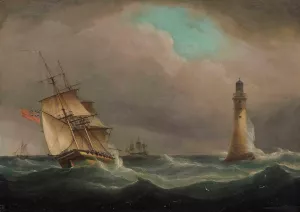 A Frigate Healing In The Breeze Off The Eddystone Lighthouse by Thomas Whitcombe Oil Painting