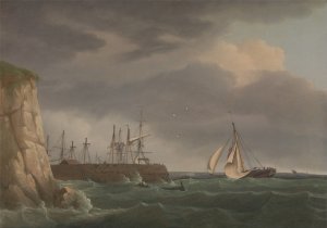 A Ship Running into Harbour with Other Craft at a Jetty by Thomas Whitcombe Oil Painting