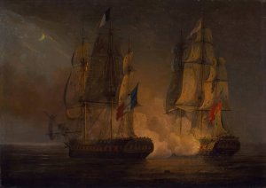 Engagement between HMS Amelia and French frigate l'Arethuse, off the Isles of Loss, 1813 by Thomas Whitcombe Oil Painting