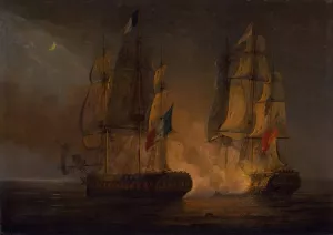 Engagement between HMS Amelia and French frigate l'Arethuse, off the Isles of Loss, 1813 by Thomas Whitcombe Oil Painting