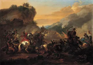 A Cavalry Battle Scene by Thomas Wijck Oil Painting