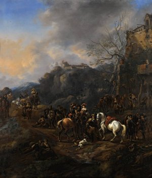 A troop of cavalrymen and other figures outside an inn, a hill fort beyond by Thomas Wijck Oil Painting