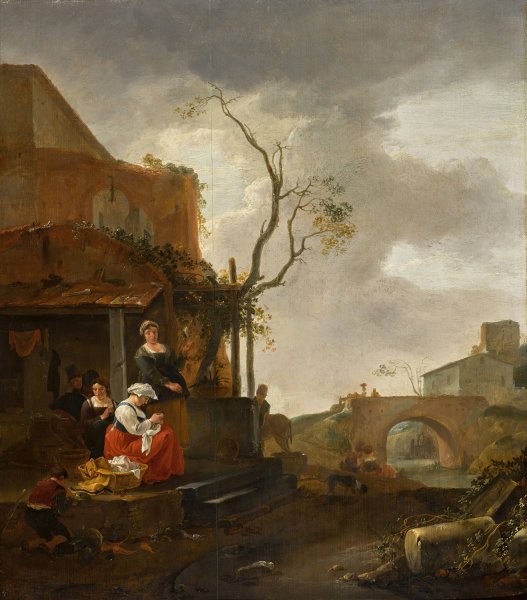 Main Product Photo of Figures outside a tavern with a woman sewing, travellers on a bridge beyond Painting by Thomas Wijck