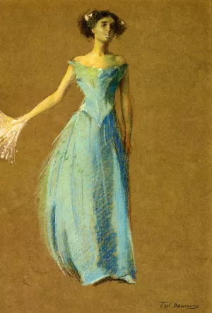 Lady in Blue, Portrait of Annie Lazarus by Thomas Wilmer Dewing - Oil Painting Reproduction