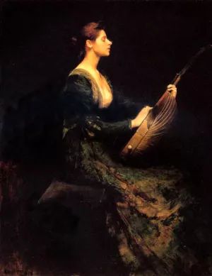 Lady with a Lute by Thomas Wilmer Dewing - Oil Painting Reproduction