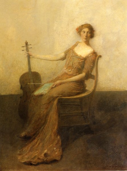 Young Woman with Violincello by Thomas Wilmer Dewing - Hand-Painted Oil Painting Reproduction