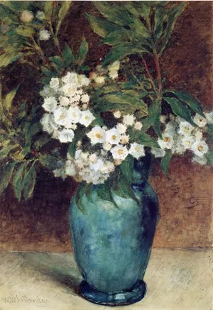 Laurel Blossoms in a Blue Vase by Thomas Worthington Whittredge - Oil Painting Reproduction