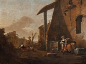 Maidservants washing laundry and another maid selling apples in a courtyard, a hilly landscape beyond by Thomas Wyck Oil Painting