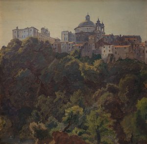 View towards Ariccia and the Palazzo Chigi and S. Maria dell'Assunzione, Italy by Thorald Laessoe Oil Painting