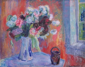 Flower Vase in red Interior by Thorvald Erichsen Oil Painting