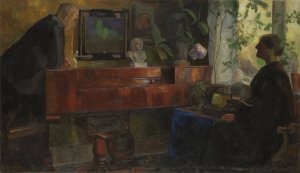 Interior with the Artists Oluf and Kris Wold-Torne by Thorvald Erichsen Oil Painting