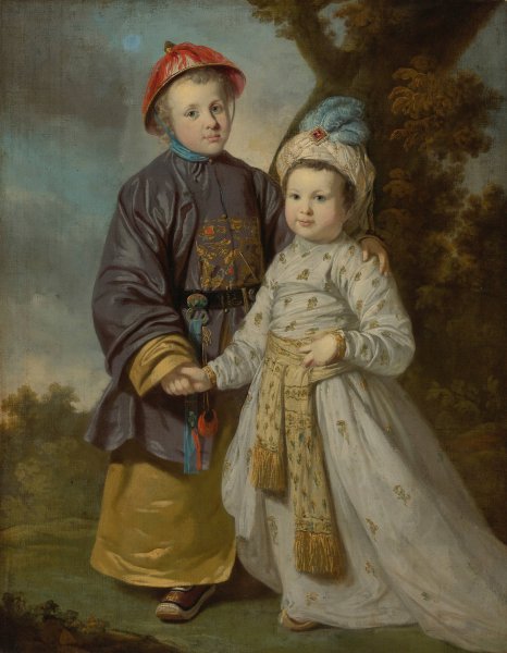 Main Product Photo of Portrait of two children in eastern costumes Painting by Tilly Kettle
