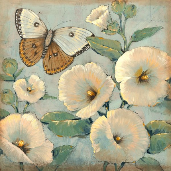 Butterfly & Hollyhocks II by Tim O'Toole - Hand-Painted Oil Painting Reproduction