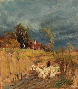 A brewing storm over Haslau by Tina Blau Oil Painting