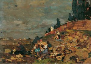 Kinder an der Friedhofsmauer by Tina Blau Oil Painting
