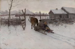 Farmyard with the Sleigh by Tit Dvornikov Oil Painting