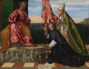 Pope Alexander VI Presenting Bishop Jacopo Pesaro to Saint Peter by Titian Oil Painting