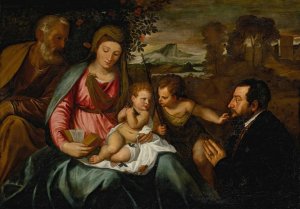 The Holy Family with Saint John the Baptist and a donor by Titian Oil Painting