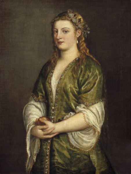 Woman Holding an Apple  by Titian - Hand-Painted Oil Painting Reproduction