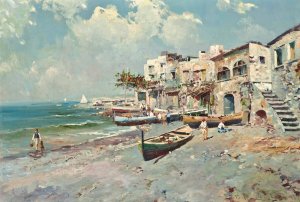 A fishing village on the Amalfi coast by Tito Pellicciotti Oil Painting