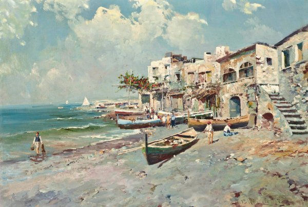 A fishing village on the Amalfi coast by Tito Pellicciotti - Hand-Painted Oil Painting Reproduction