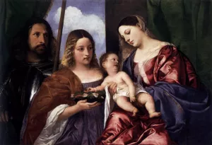 Madonna and Child with Sts Dorothy and George by Tiziano Vecellio - Oil Painting Reproduction