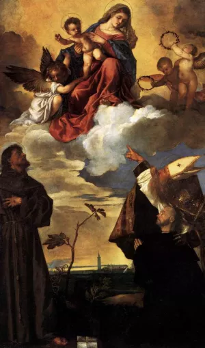 Madonna in Glory with the Christ Child and Sts Francis and Alvise with the Donor by Tiziano Vecellio Oil Painting