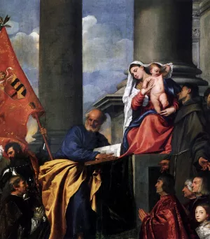 Madonna with Saints and Members of the Pesaro Family Detail by Tiziano Vecellio Oil Painting